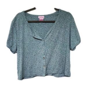 ST EVE Med Sage Green Cottagecore Floral Cropped Top Buttons Short Sleeves Fairy